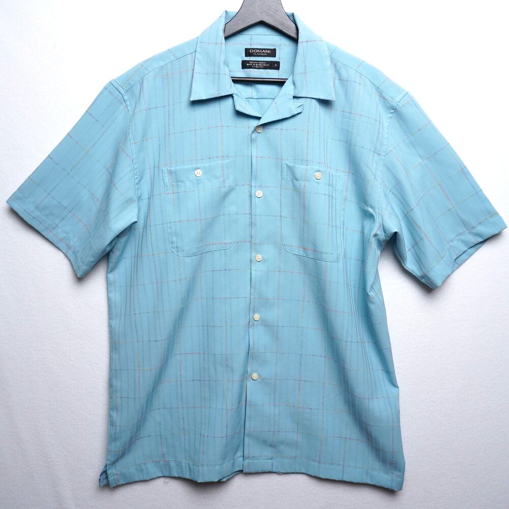 Domani Platinum Baby Blue Rainbow Thread Check‎ Loop Collar Shirt Size M